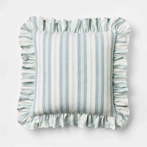 Studio McGee Square Woven Stripe Throw Pillow with Ruffle Blue/Ivory